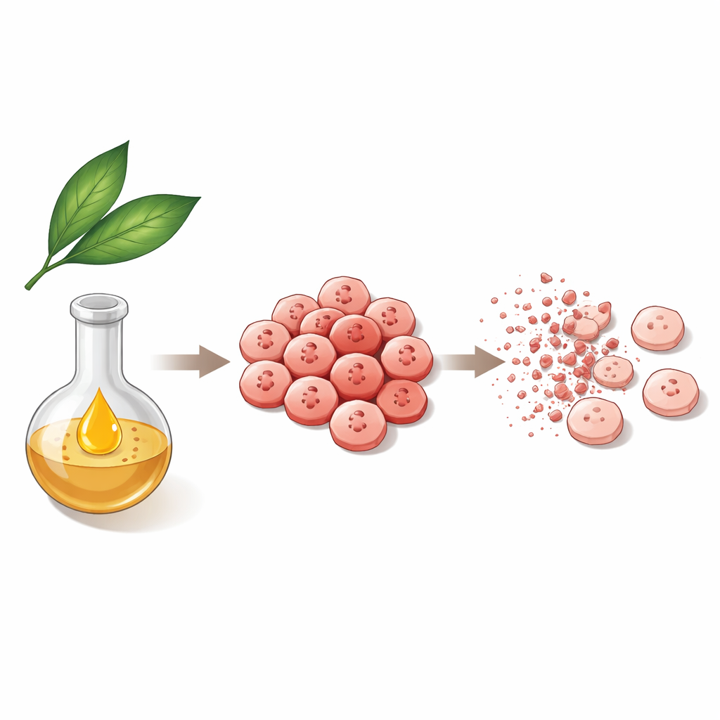 Figure 1. Natural tree compound from Schima wallichii slowing and killing liver cancer cells in a simple left-to-right story.