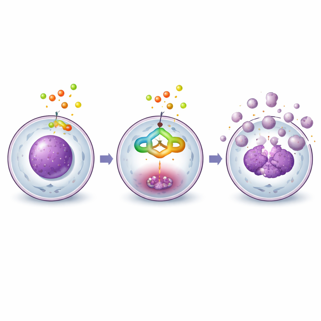 Figure 2. Plant molecule entering a liver cancer cell and setting off a stepwise inner cascade that breaks the cell apart.