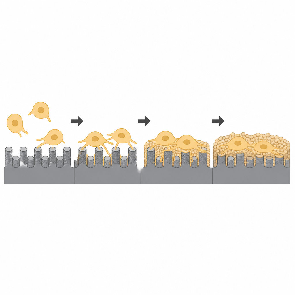 Figure 2. Wie Knochenzellen sich an strukturiertem Titan mit Proteinschicht anlagern und schrittweise eine dicke Mineralschicht aufbauen.