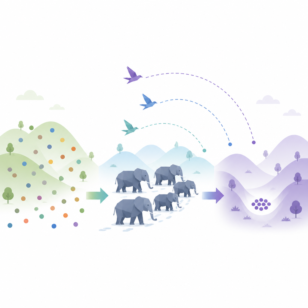 Figure 1. How combining simple nature-inspired rules helps computers search complex design spaces more efficiently.