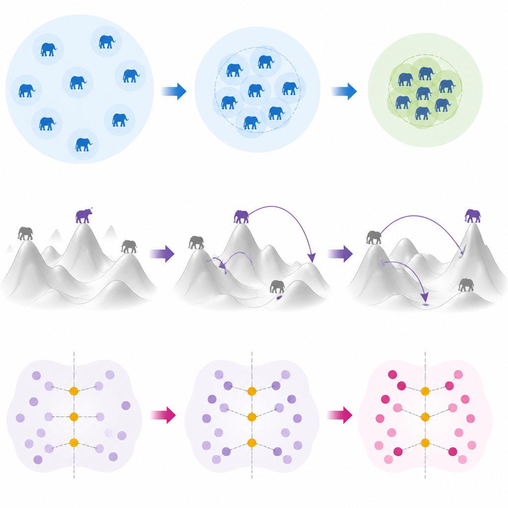 Figure 2. How adaptive herds, long jumps, and opposite guesses work together to escape traps and reach better solutions.