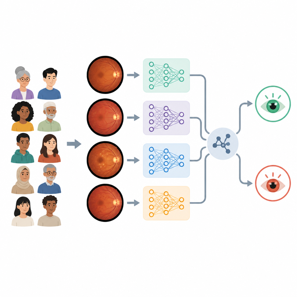 Figure 1. How combined AI models screen eye photos to flag diabetic damage more reliably.