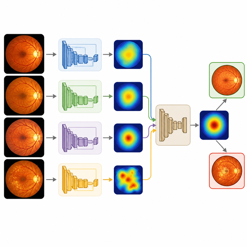 Figure 2. How enhanced eye images pass through multiple AI networks whose merged signals decide disease or health.