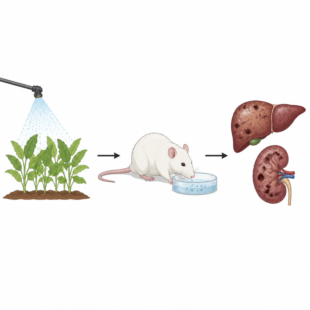 Figure 1. Como um pesticida comum nas áreas agrícolas na água potável pode, silenciosamente, sobrecarregar fígado e rins de ratos ao longo do tempo.