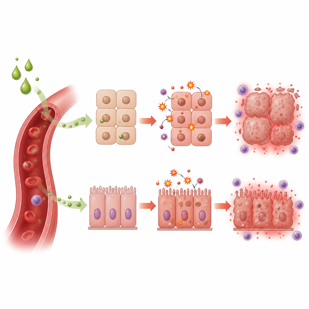Figure 2. Visão passo a passo de partículas do pesticida desencadeando dano celular e inflamação no tecido hepático e renal.