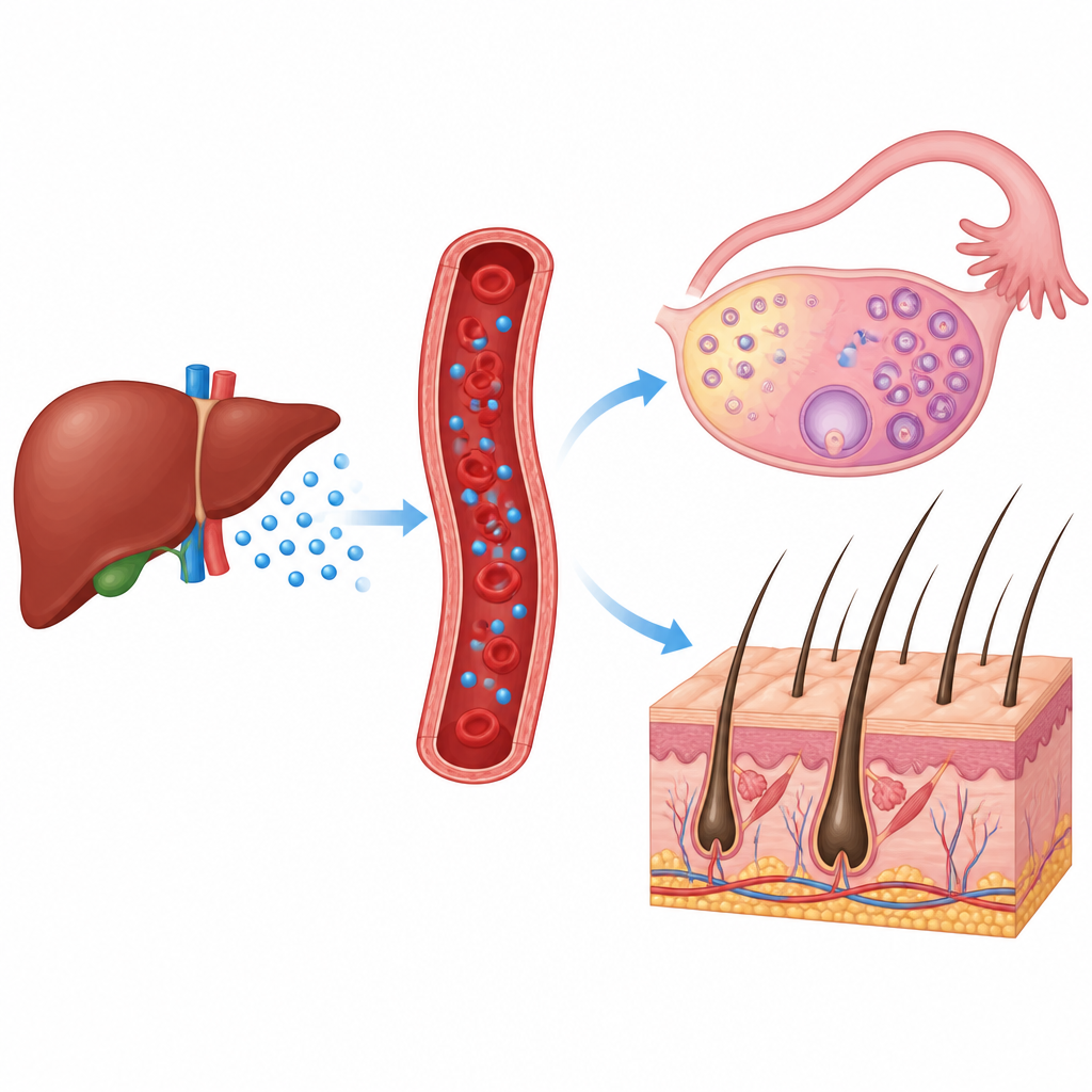 Figure 2. Alterazioni di una proteina di riparazione sembrano connesse ai trasportatori ormonali epatici, a cambiamenti ovarici e all’eccesso di peli nella PCOS.
