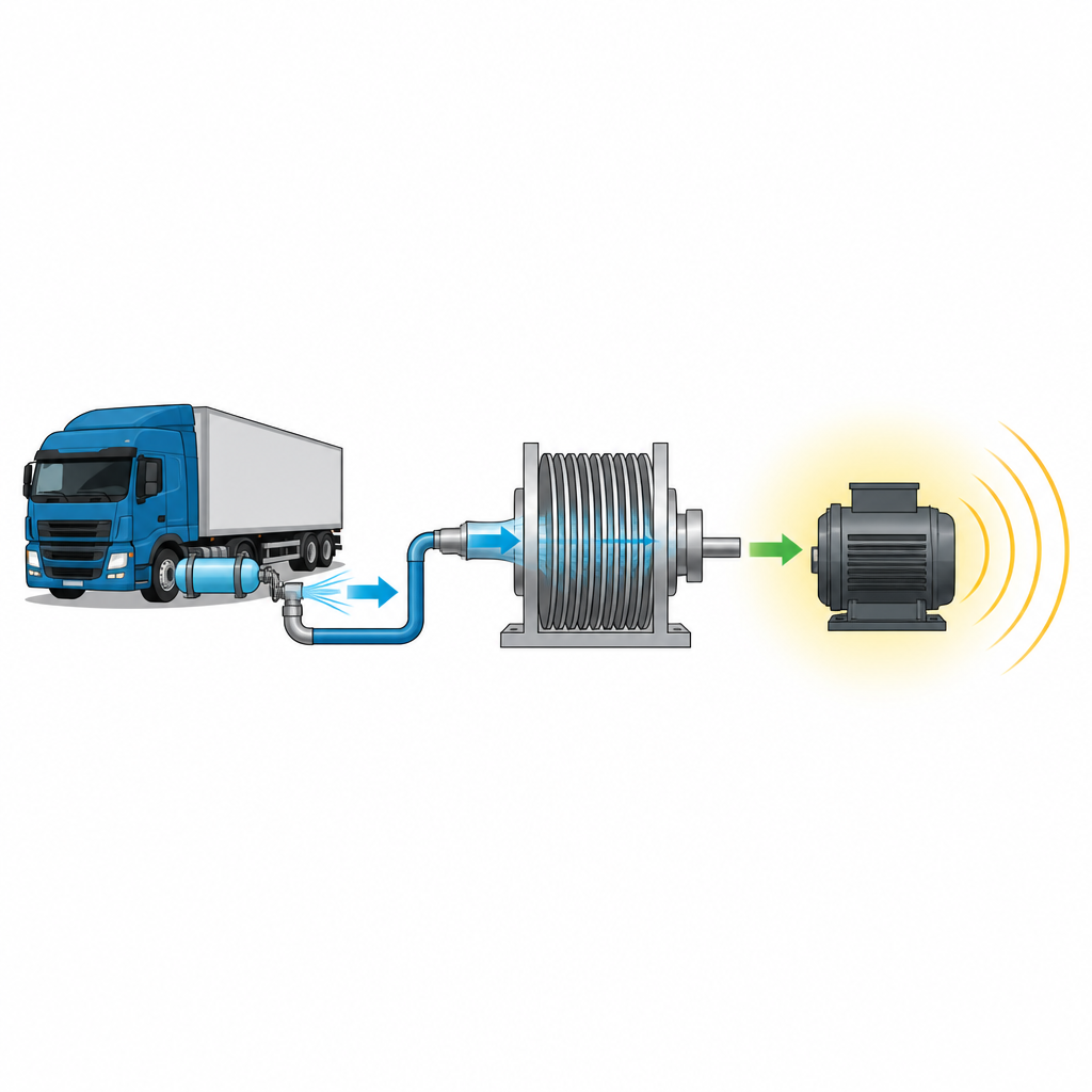 Figure 1. Wasted compressed air from truck and train brakes driving a small disc turbine to create useful electrical power.