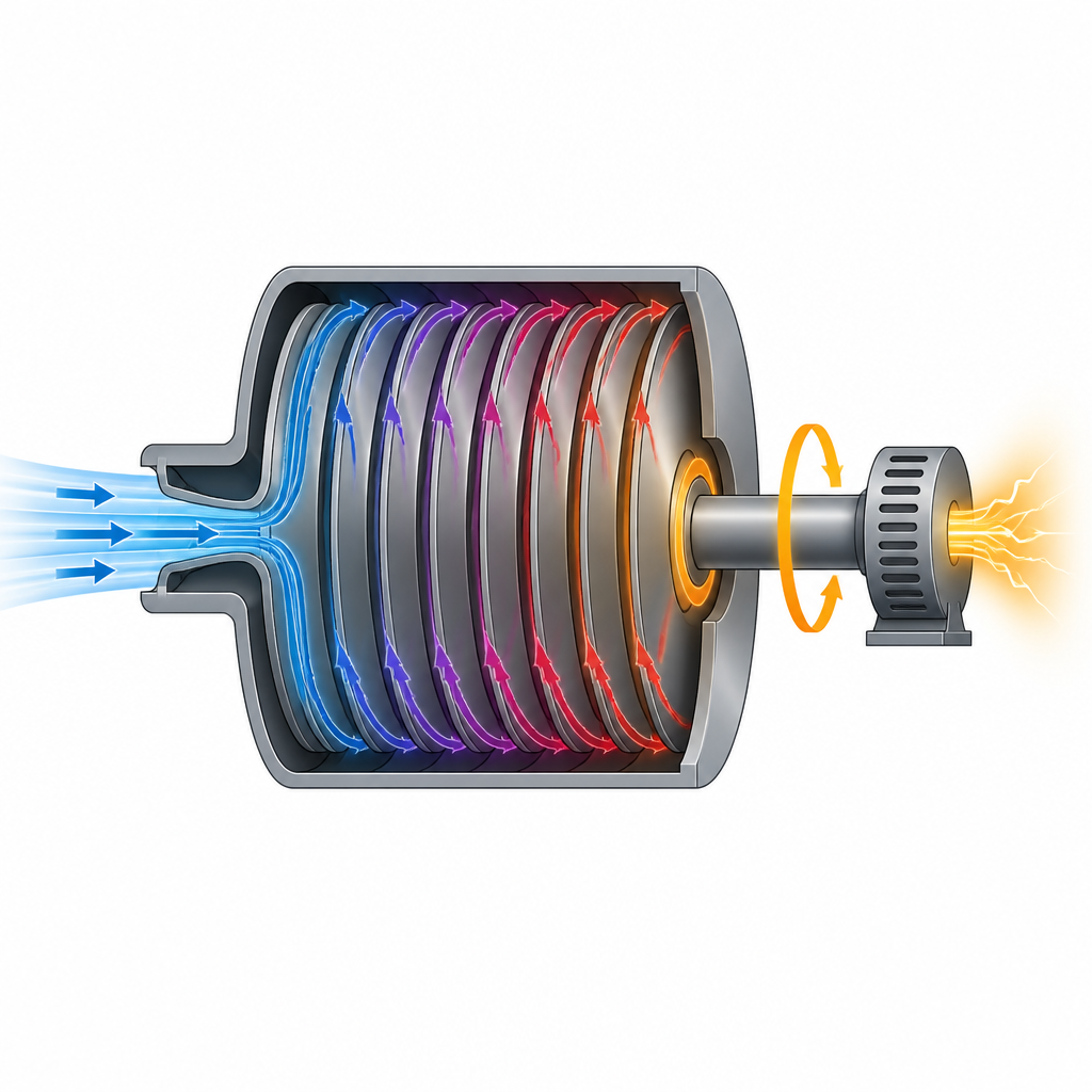 Figure 2. Close up of compressed air swirling between smooth discs inside a Tesla turbine to spin a shaft and feed a generator.