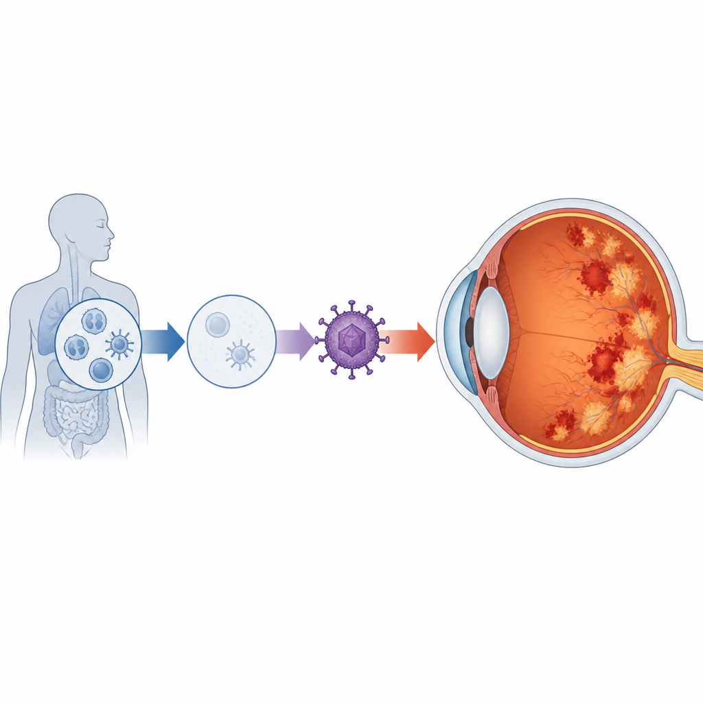 Figure 2. Schritt-für-Schritt-Analyse, wie schwerer Immunverlust bei HIV einem Virus erlaubt, die Netzhaut zu vernarben und das Sehvermögen zu bedrohen.