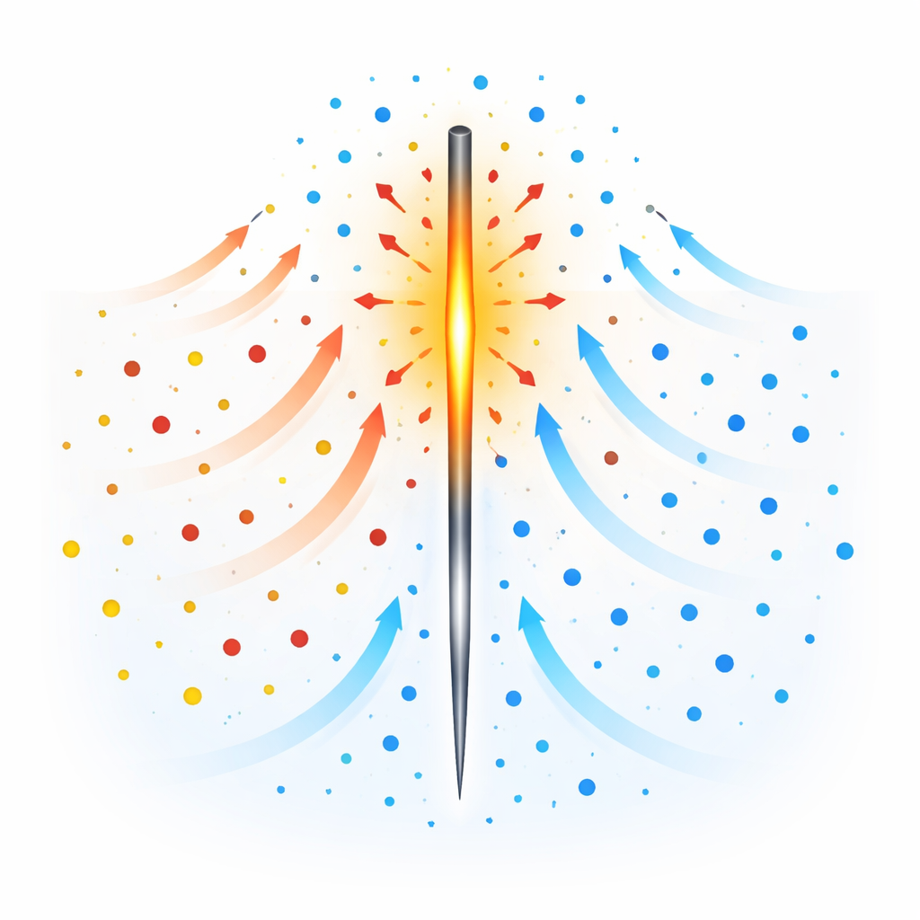 Figure 1. Hoe een koelmiddel rijk aan nanodeeltjes warmte afvoert van een kleine verhitte naald in geavanceerde apparaten.
