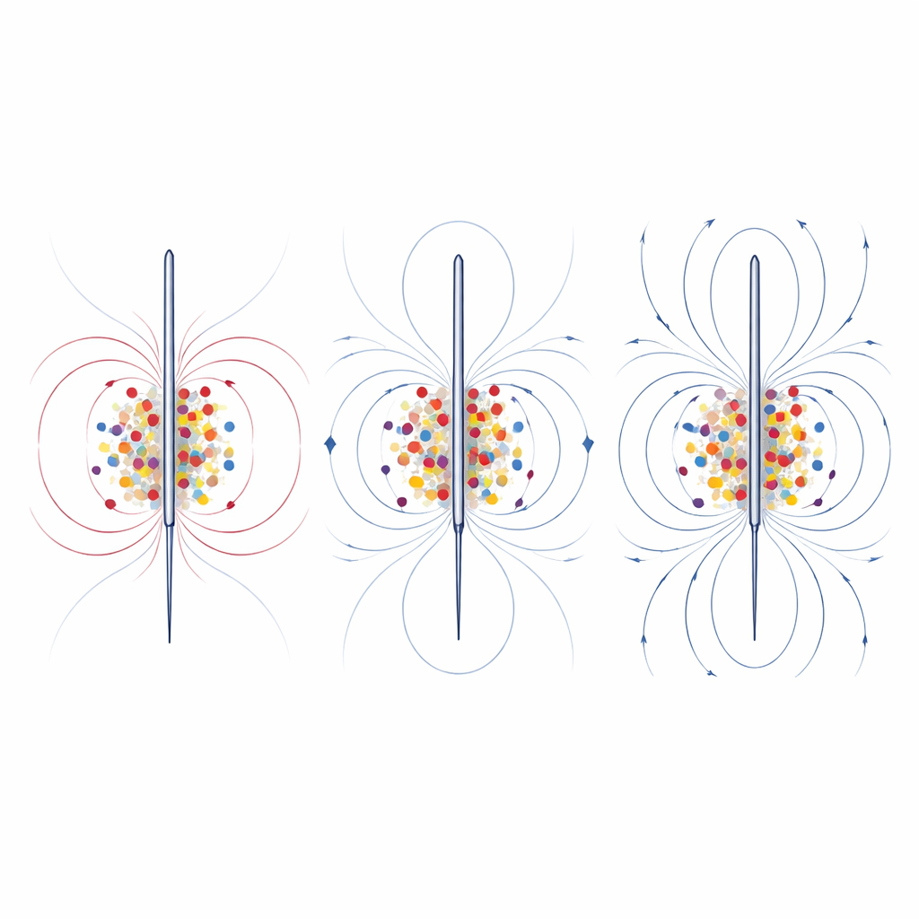 Figure 2. Hoe de sterkte van een magnetisch veld en de mix van nanodeeltjes de stroming, temperatuur en energieverlies nabij een verhitte naald herschikken.