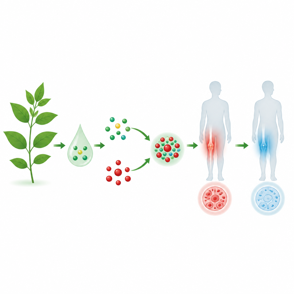 Figure 1. Plantenextract en seleniumnanodeeltjes die samenwerken om ontsteking in het lichaam te kalmeren.