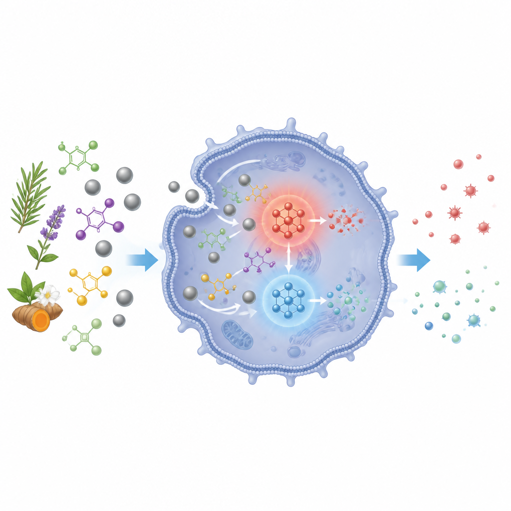 Figure 2. Plantmoleculen op seleniumnanodeeltjes die een immuuncel binnendringen en ontstekingssignalen dempen.