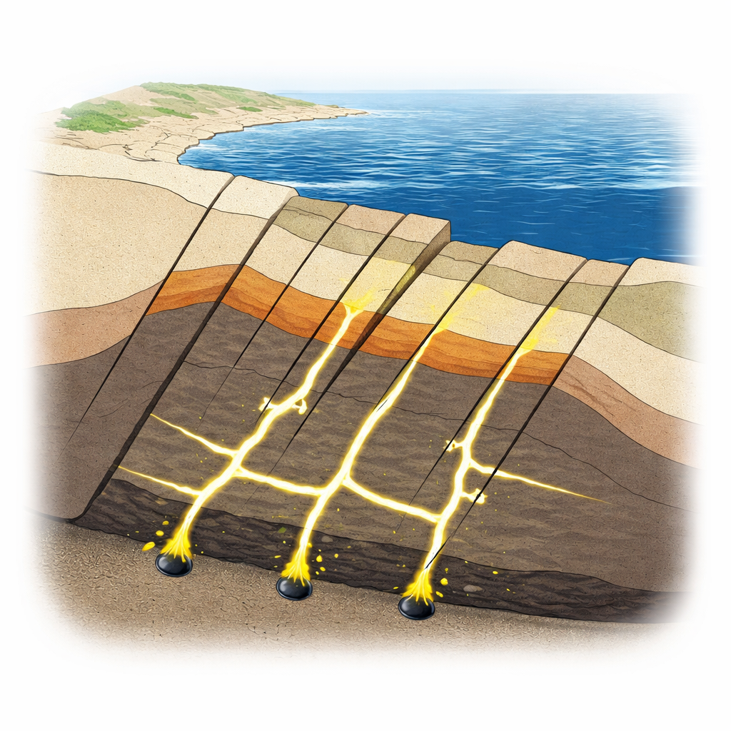 Figure 1. Compact gesteente onder de Golf van Suez bevat olie in verspreide pockets die slechts in enkele nauwe zones goed kunnen stromen.