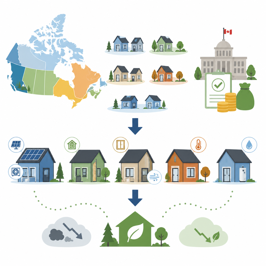 Figure 1. Hoe verbeteringen en publieke financiering samen Canadese huizen schoner en goedkoper in gebruik maken.