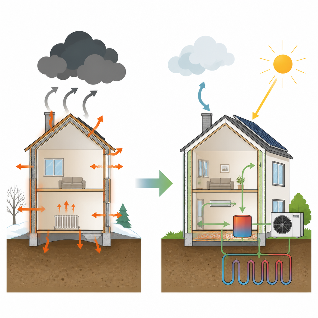 Figure 2. Stap-voor-stap beeld van een woningrenovatie die verspilde warmte en elektriciteit omzet in efficiënt, laag-emissief comfort.