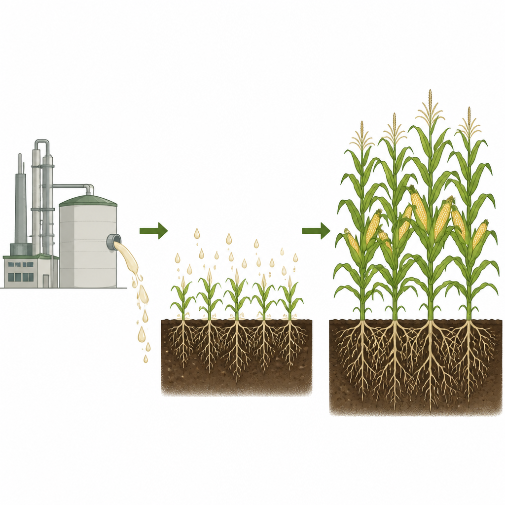 Figure 1. Het omzetten van afval uit ethanolfabrieken in een bodemverbeteraar die maïsplanten helpt hoger te groeien en meer graan te produceren.