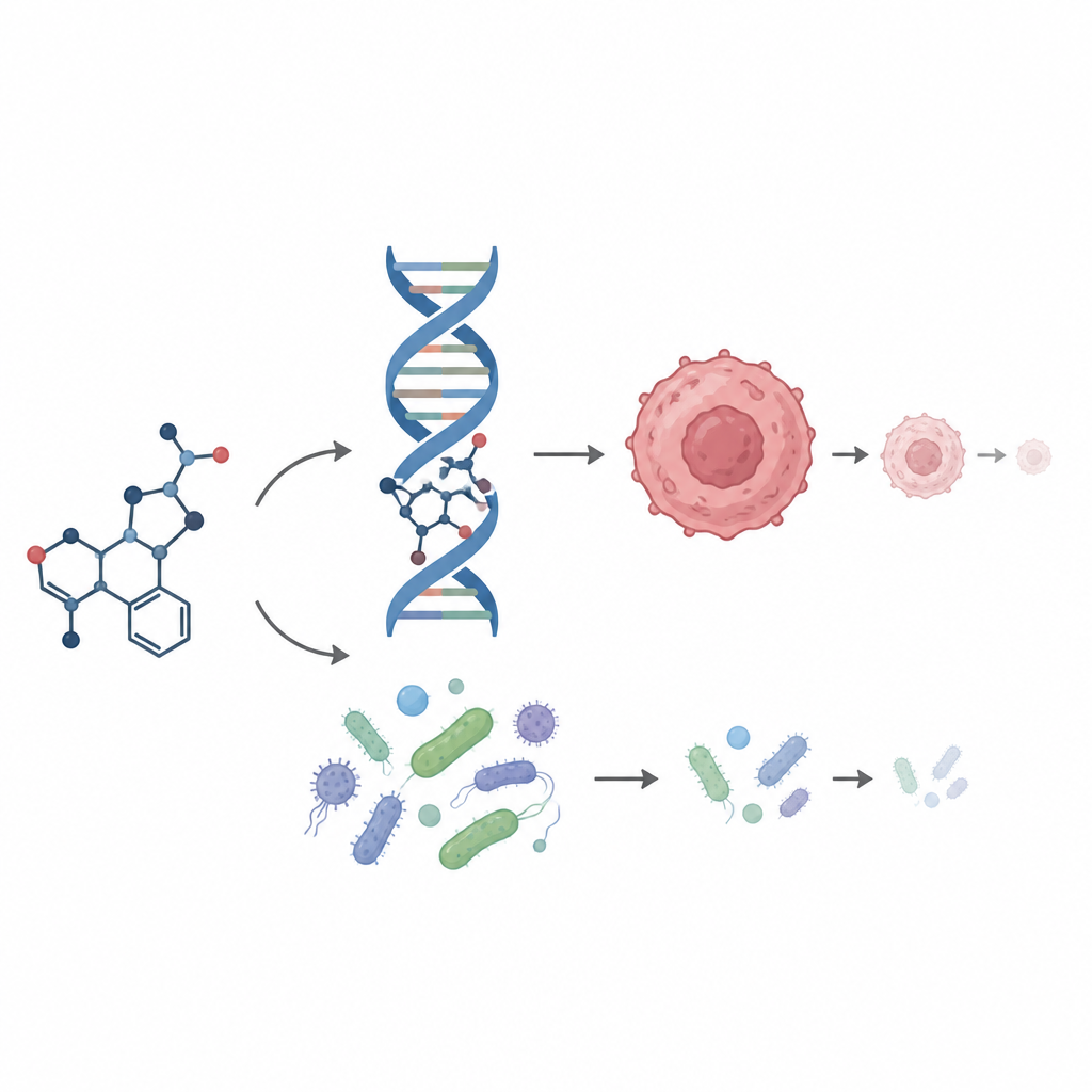 Figure 1. Metallgestützte Designer‑Moleküle binden an DNA, Erreger und Krebszellen und zeigen ein breites Spektrum an laborgeprüften biologischen Effekten.