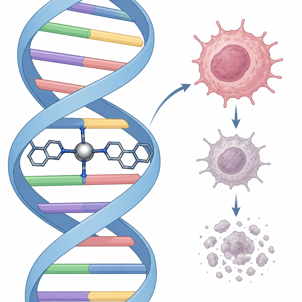 Figure 2. Detailaufnahme eines Metallkomplexes, der in die DNA eingeschoben ist, während benachbarte Krebszellen bei Wirksamkeit der Behandlung schrumpfen und fragmentieren.