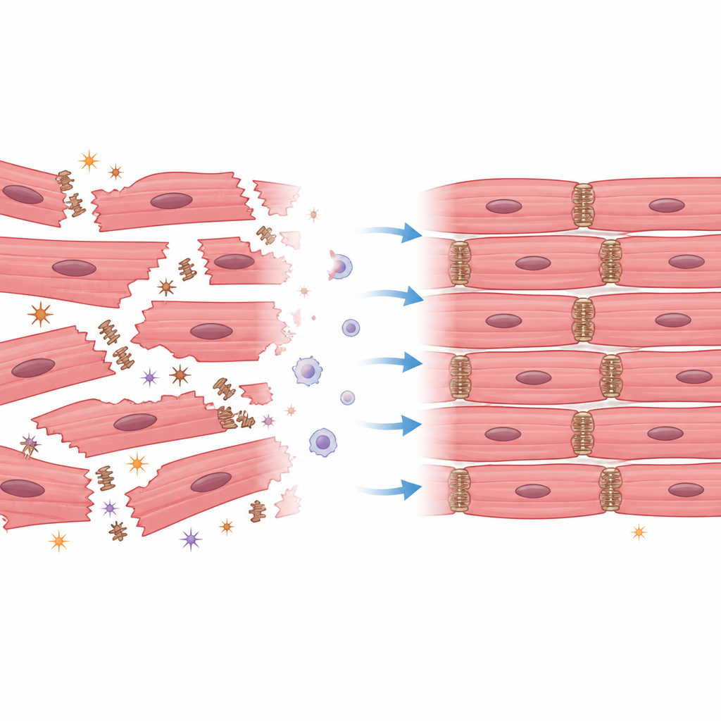 Figure 2. Il trattamento trasforma cellule cardiache danneggiate e poco connesse in cellule più ordinate con punti di contatto ripristinati.