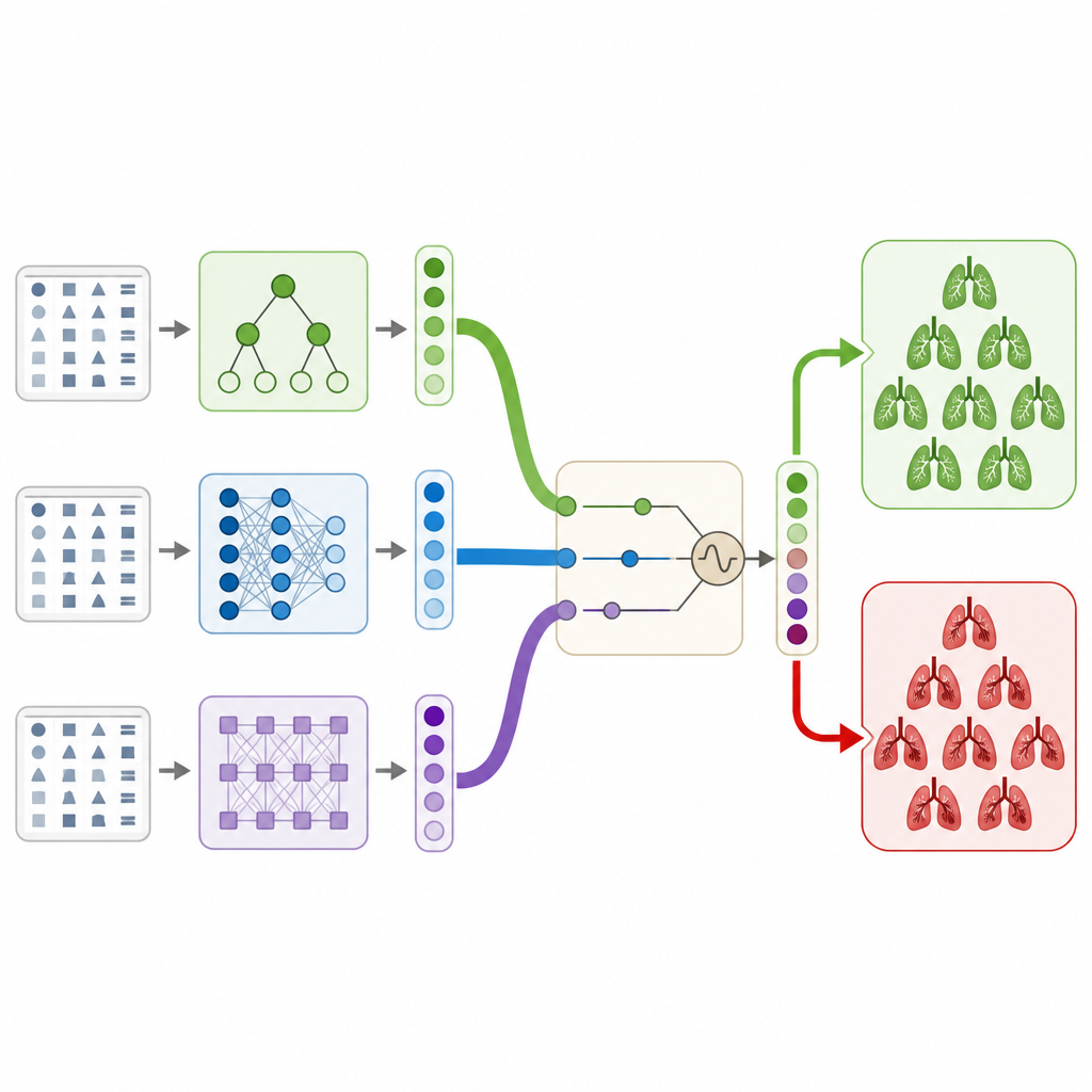 Figure 2. Verschillende modellen leveren input aan een samenvoeger die longstol- en niet-stolgevallen in twee heldere uitkomstgroepen verdeelt.