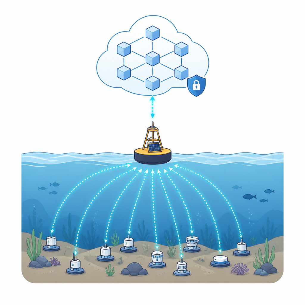 Figure 1. Come i sensori sottomarini inviano dati tramite una boa in un registro condiviso e sicuro nella rete sopra la superficie.