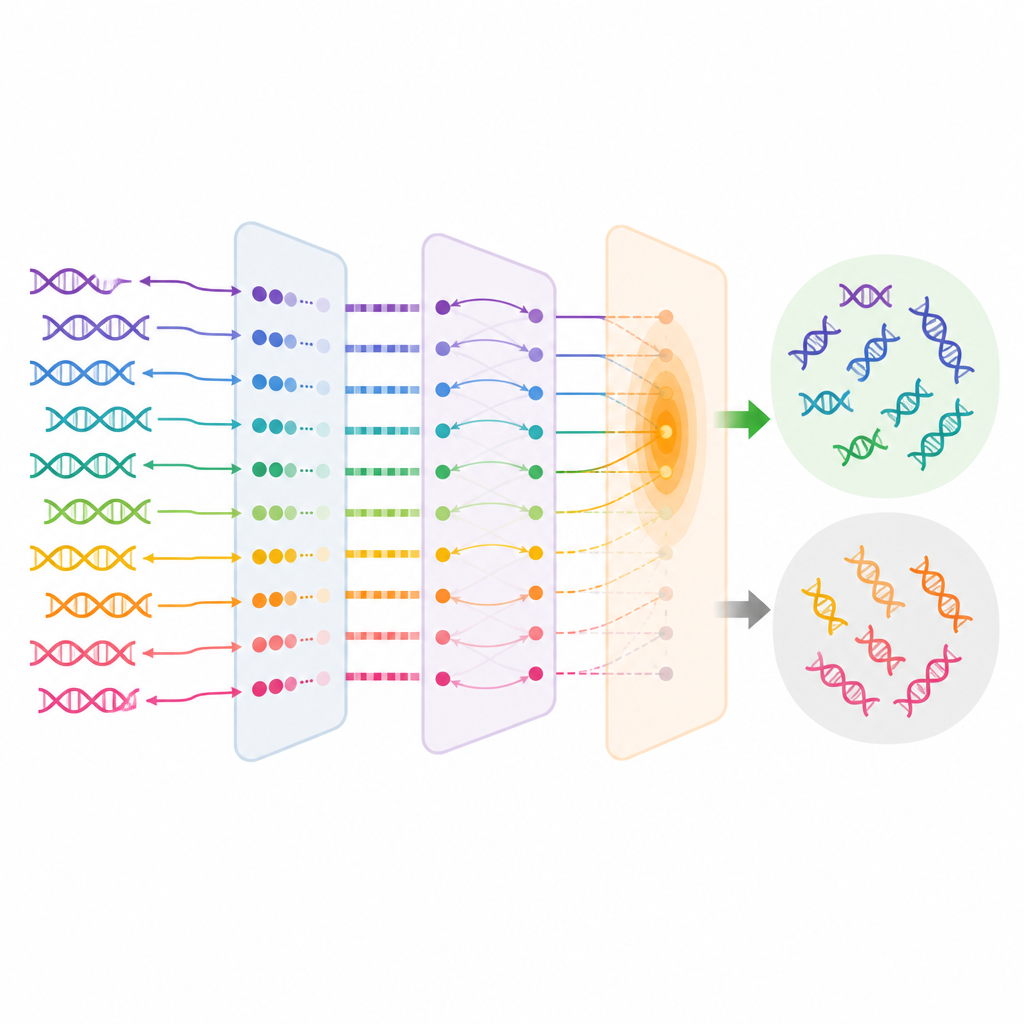 Figure 2. How a neural network filters gene sequences to separate wing-related genes from other genes step by step.