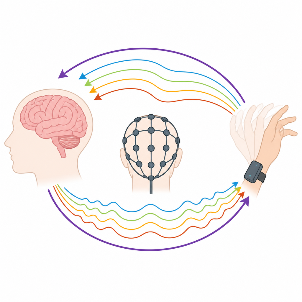 Figure 1. How brain activity at many rhythms coordinates with simple hand movements measured outside the body