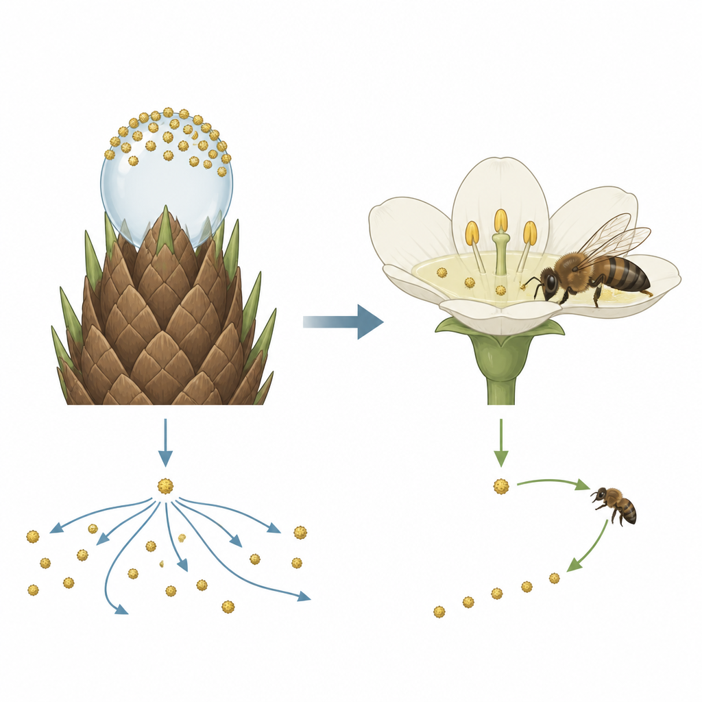 Figure 1. Wie winzige zuckerhaltige Tröpfchen an Zapfen und Blüten die Pollenerfassung formen und den Wechsel von Wind- zu Insektenbestäubung beeinflussen.