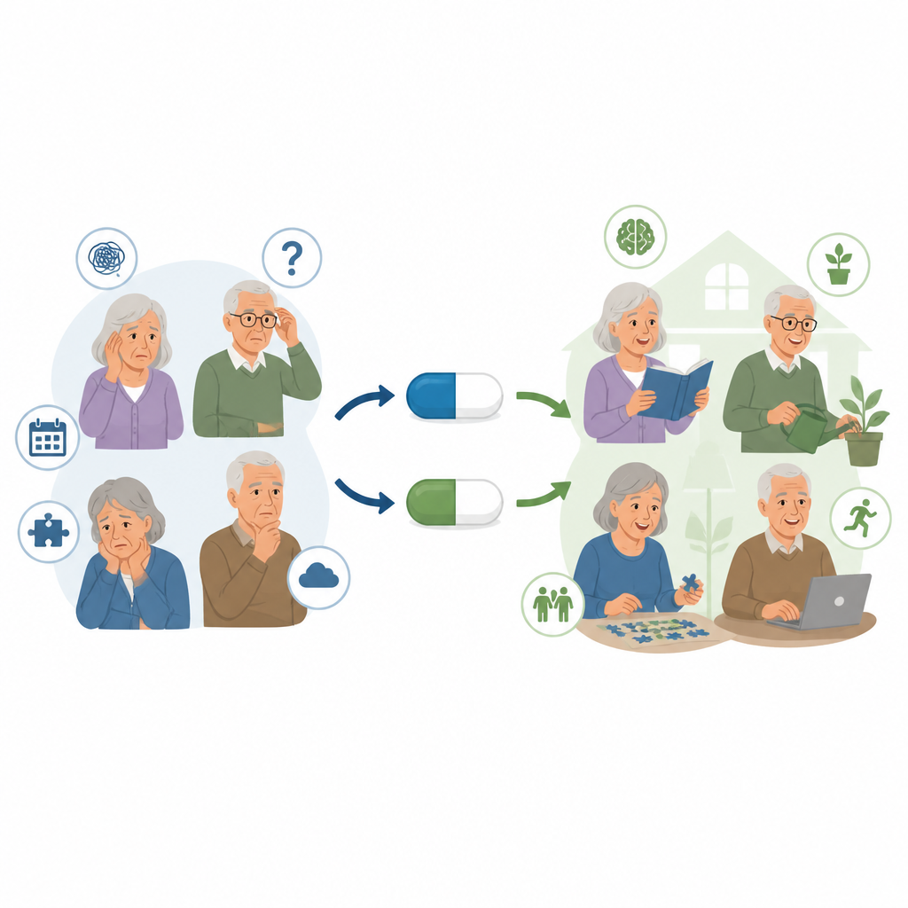 Figure 1. How adding a new daily pill to standard care may help people with Alzheimer dementia think and function a bit better.