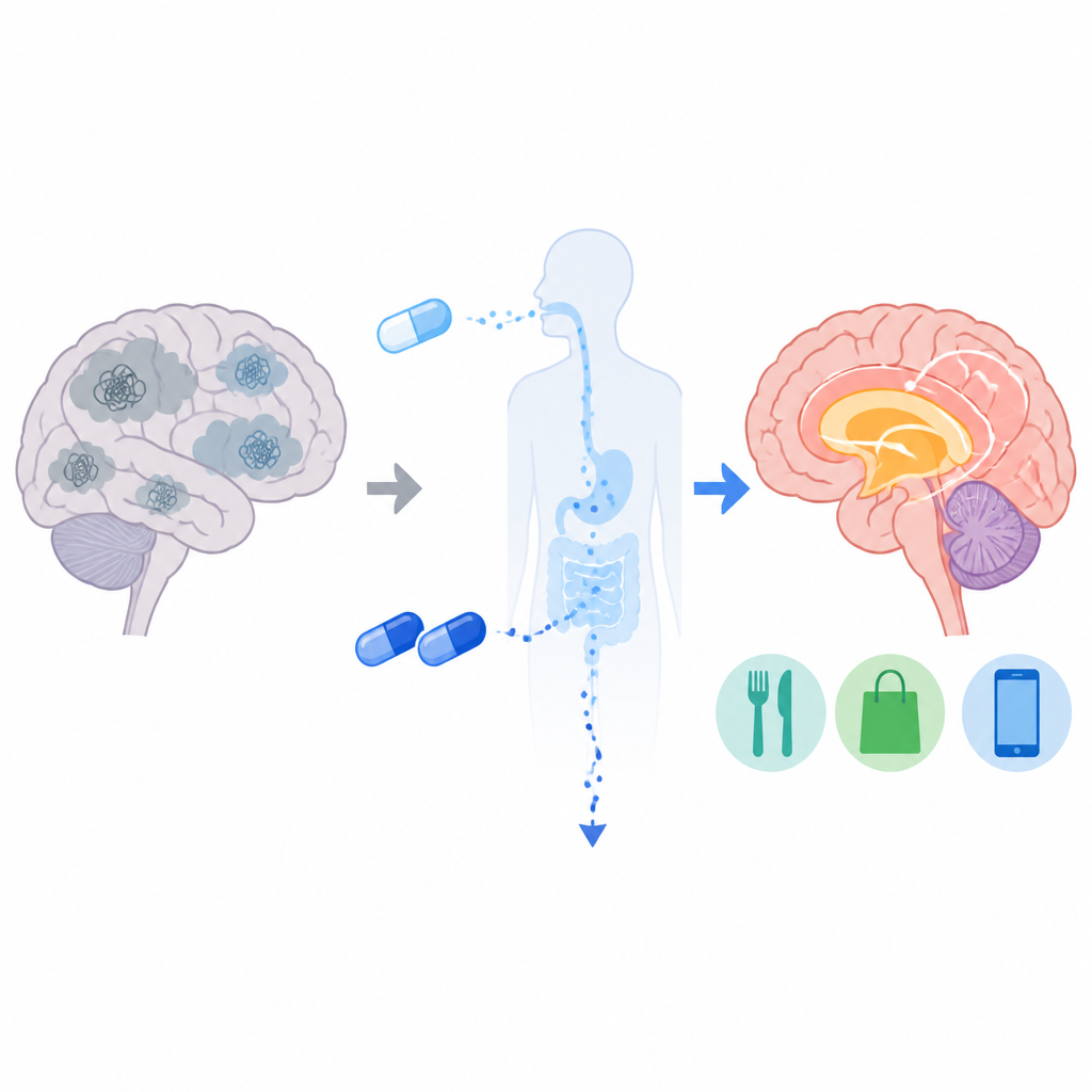 Figure 2. How a study drug moves through the body to gently improve brain function and daily tasks in Alzheimer dementia.