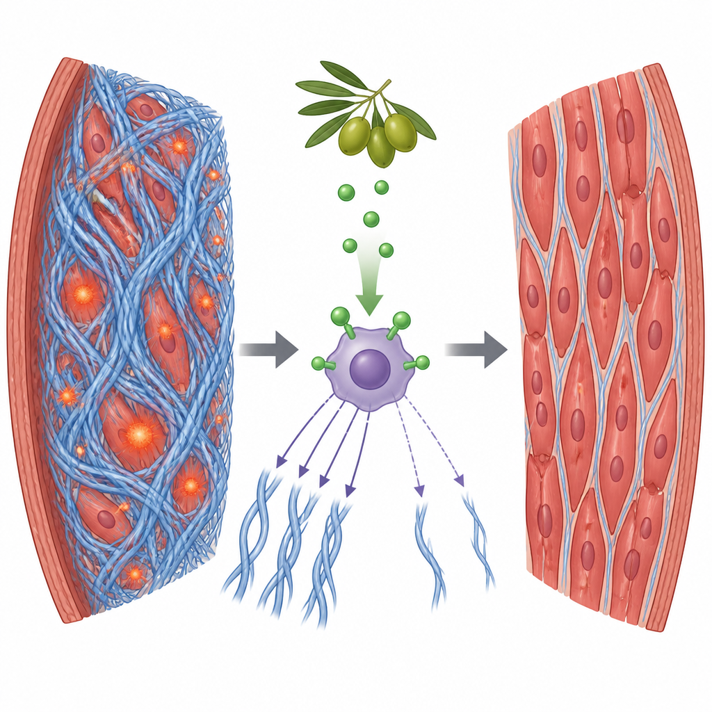 Figure 2. Olive-derived molecules dialing down heart scarring signals so muscle tissue becomes less fibrous and more orderly.