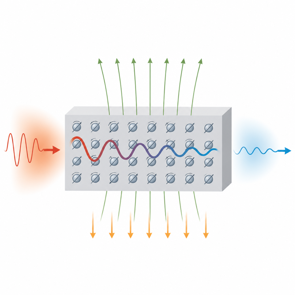 Figure 1. How heat driven waves travel through a solid influenced by gravity, magnetism, and tiny internal twists.