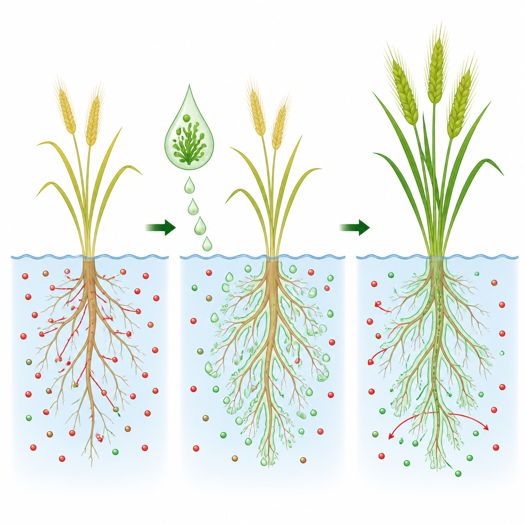 Figure 2. Algenextract rond gerstwortels beperkt de zoutopname en verbetert nutriëntopname, wat leidt tot groenere, vollere planten.