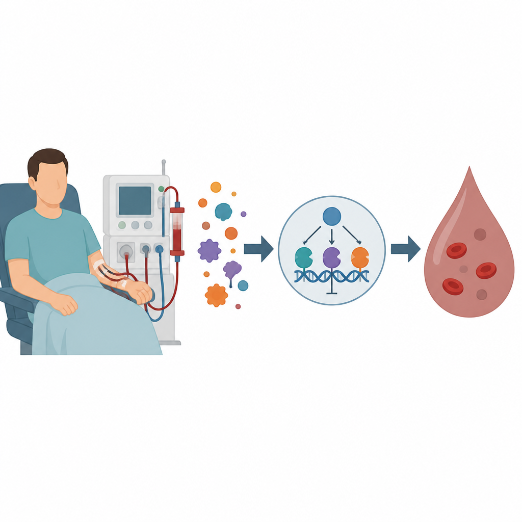 Figure 1. How long term dialysis, inflammation signals, and tiny gene switches together lead to low red blood cells.