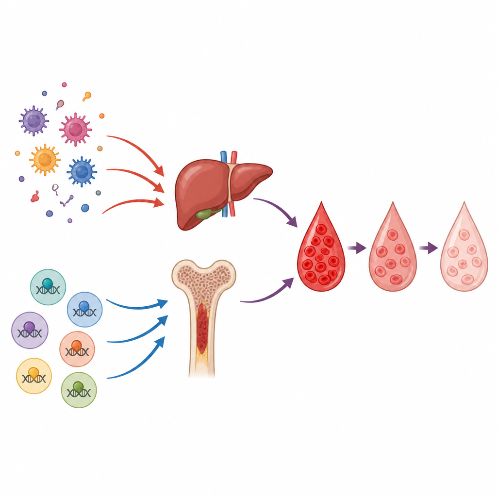 Figure 2. How inflammatory messengers and microRNAs alter iron handling organs and blood to worsen anemia step by step.