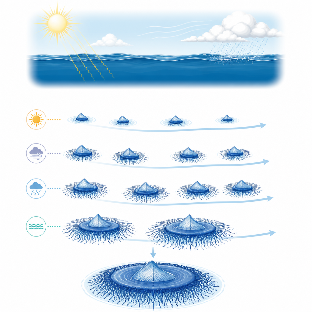 Figure 1. Wie Blue-Button-Kolonien jahrelang auf robusten, schwimmenden Scheiben an der Meeresoberfläche treiben.