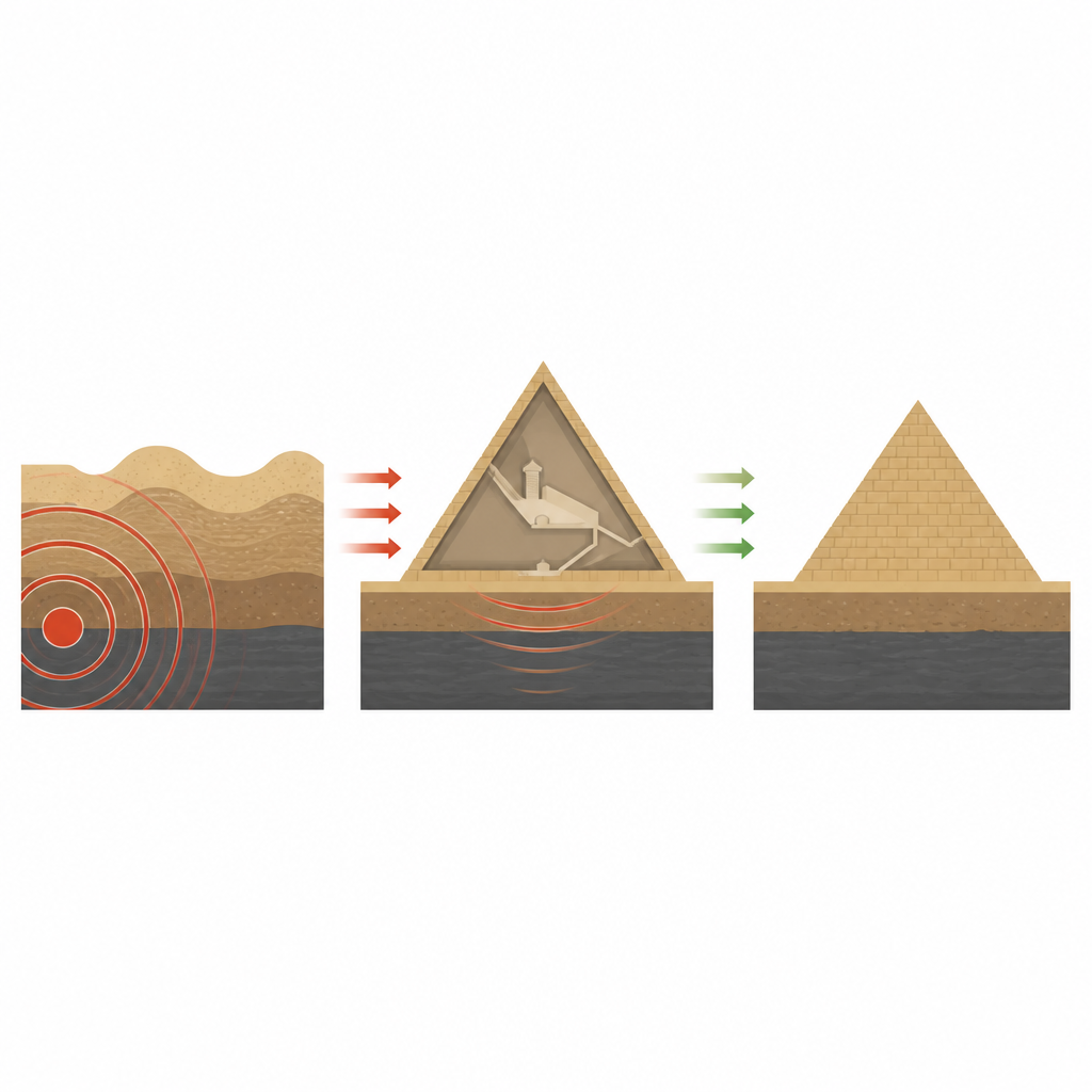 Figure 1. Wie die Form der Cheops-Pyramide und der feste Felsuntergrund zusammenwirken, um bei Erdbeben stabil zu bleiben.