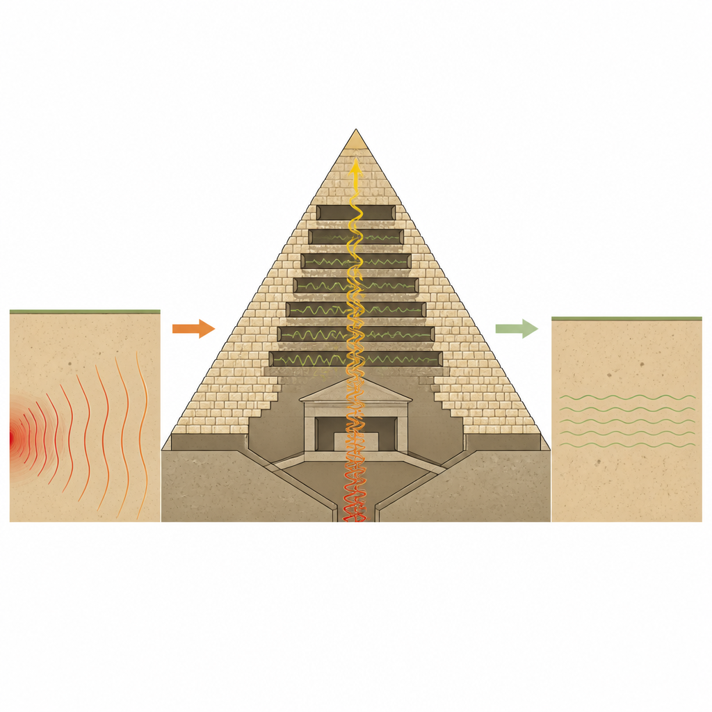 Figure 2. Wie sich Vibrationen durch die Pyramide ausbreiten und durch die über der Hauptgrabkammer gestapelten Kammern gedämpft werden.