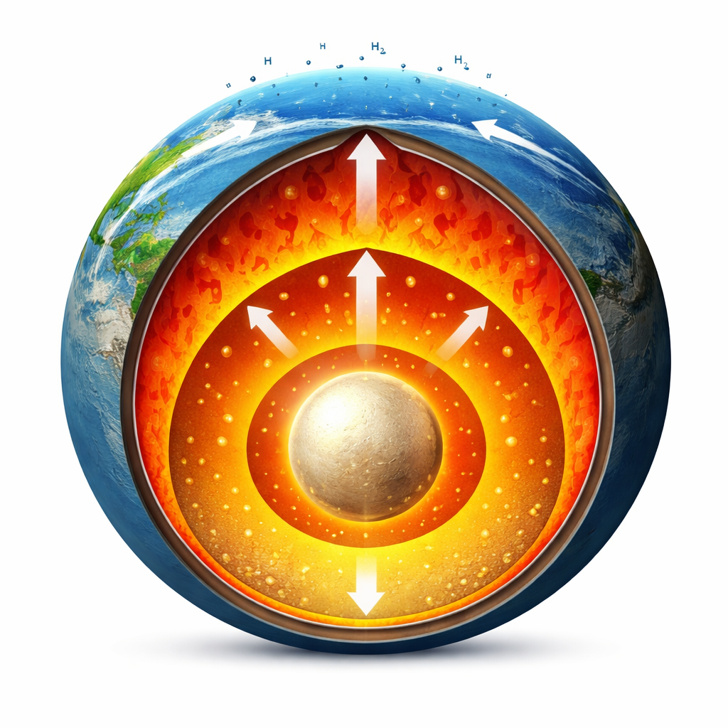 Figure 1. Waterstof uit de vroege atmosfeer van de Aarde en magma dat zich in het ijzeren binnenste van de planeet vestigt.
