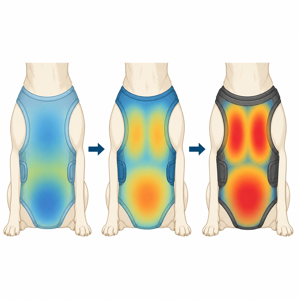 Figure 2. How cotton, mesh and padded vests create different pressure patterns on a dog’s chest and belly during everyday movement.