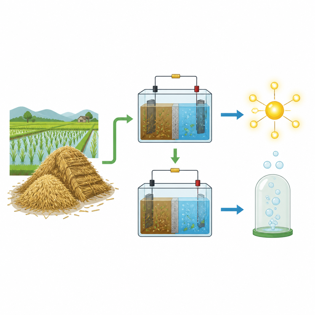 Figure 1. Scarti di paglia di riso che scorrono attraverso dispositivi bioelettrochimici per diventare energia elettrica pulita e idrogeno.