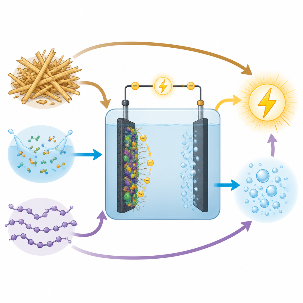 Figure 2. Diverse frazioni di paglia di riso che alimentano una cella rivestita di microrganismi che indirizza gli elettroni verso la produzione di energia elettrica o gas idrogeno.