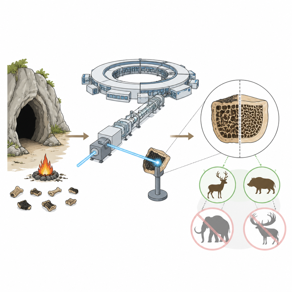 Figure 1. Vom Höhlenfeuer zum Röntgenstrahl zu Tierkonturen: wie winzige verbrannte Knochen vergangene Jagdentscheidungen offenbaren.