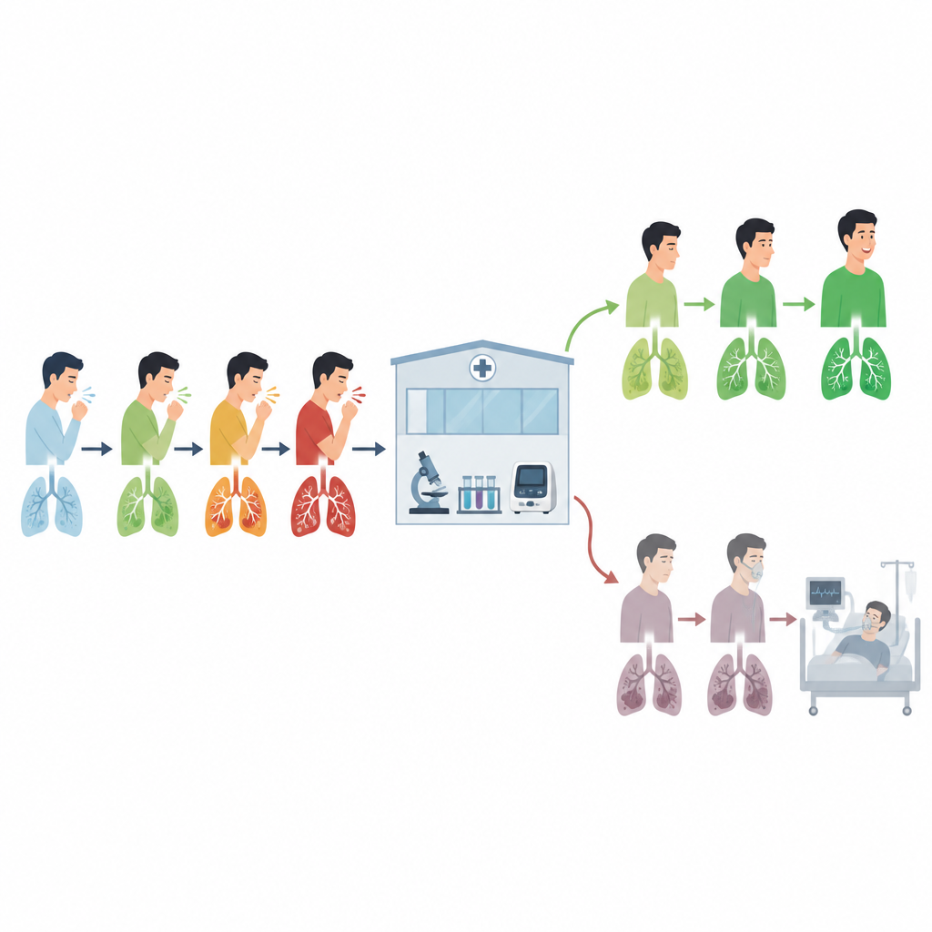 Figure 2. How waiting with TB symptoms changes disease severity and treatment results over time.