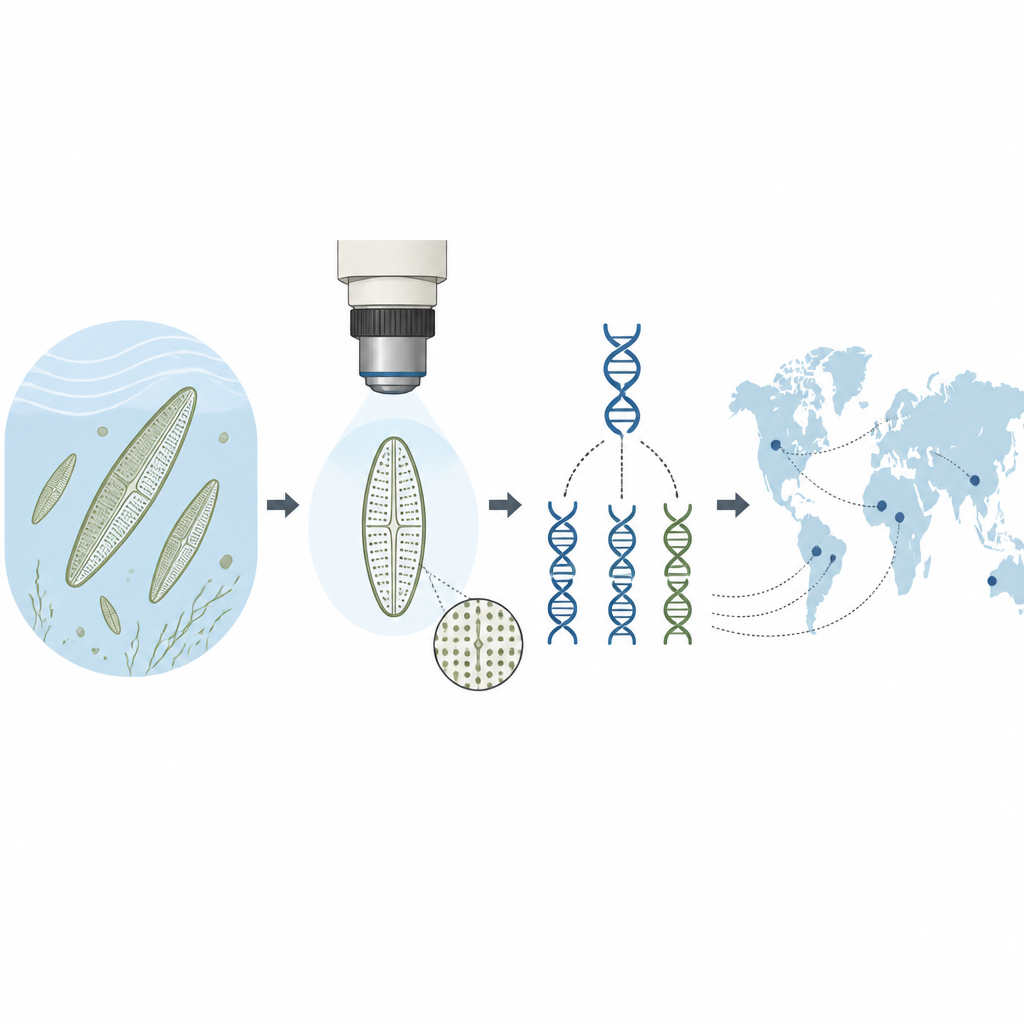 Figure 2. Visione passo dopo passo dello studio di una piccola alga: dalle immagini al microscopio al DNA, fino al suo tracciamento attraverso diverse regioni del pianeta.