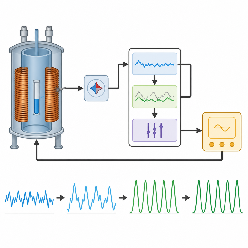 Figure 2. Terugkoppelingslus die het magneetveld meet en het vermogen aanpast om ruizige NMR-signalen om te zetten in stabiele heldere golven