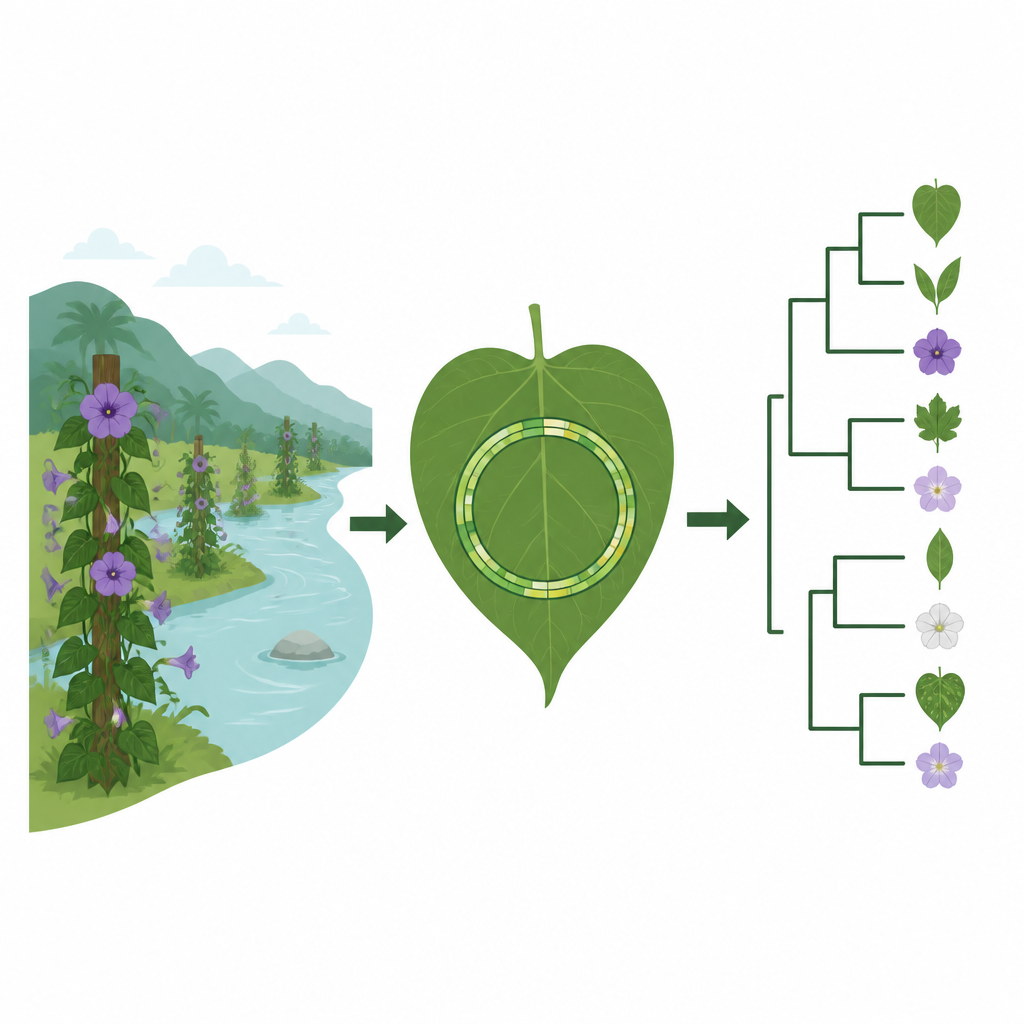 Figure 1. Od pnącza nadbrzeżnego do drzewa rodowego — jak dna liści ujawnia miejsce Clematis cadmia wśród spokrewnionych roślin.
