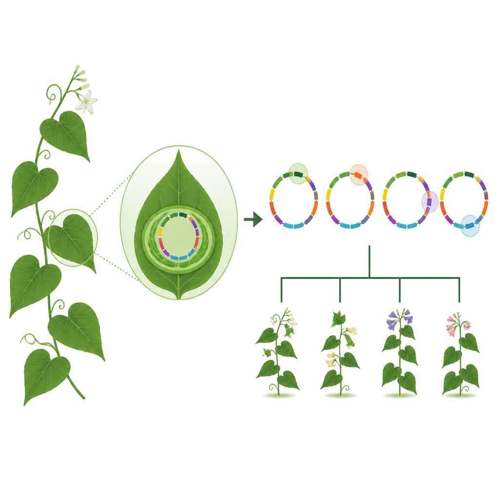 Figure 2. Krok po kroku porównanie okrągłych pierścieni DNA chloroplastu w celu wykrycia różnic mapujących związki między gatunkami pnączy.