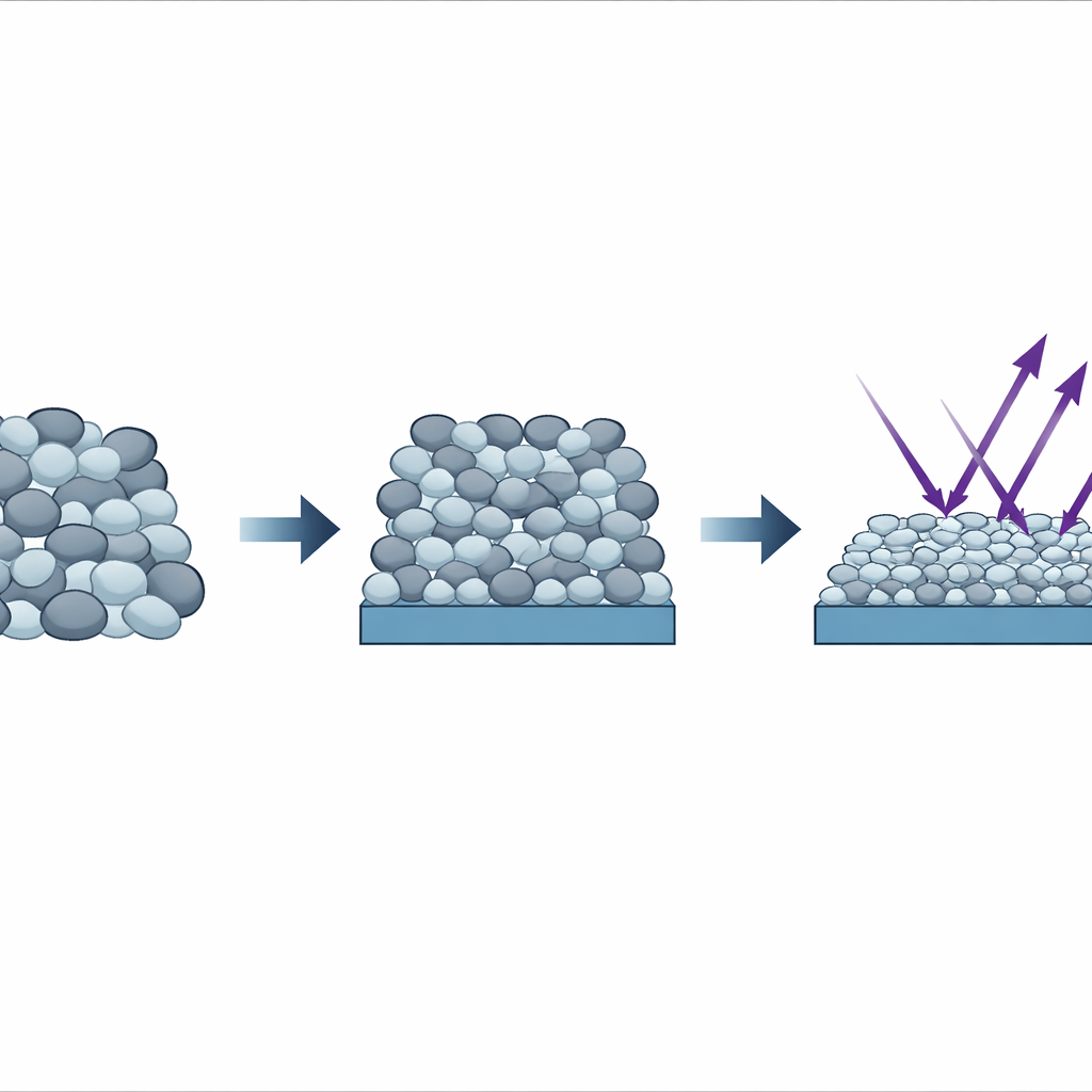 Figure 2. Ordening van alumina-nanodeeltjes vermindert defecten zodat ultraviolet licht met minimale verstrooiing en energieverlies passeert.